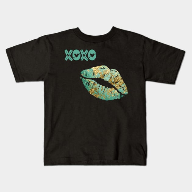 Turquoise and Gold Lips Kids T-Shirt by Miozoto_Design